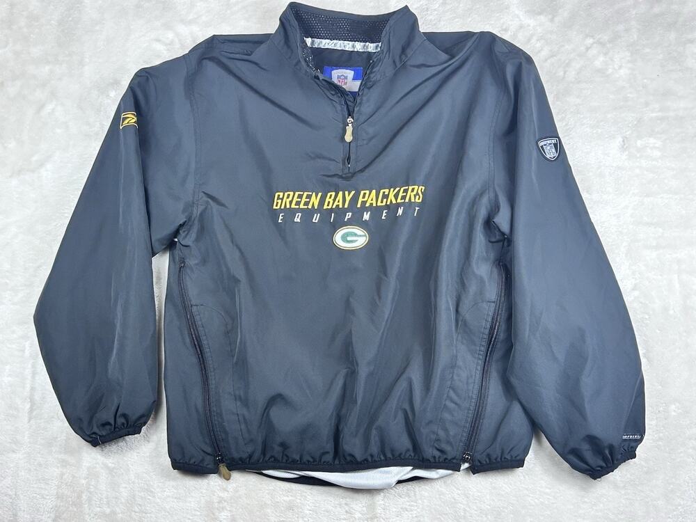Vintage Green Bay Packers Jacket Mens Medium Black NFL Football Reebok 1/4 Zip